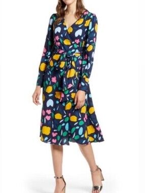 Halogen Navy & Abstract Colorful Floral Print Long Sleeve Wrap Dress, Size XS